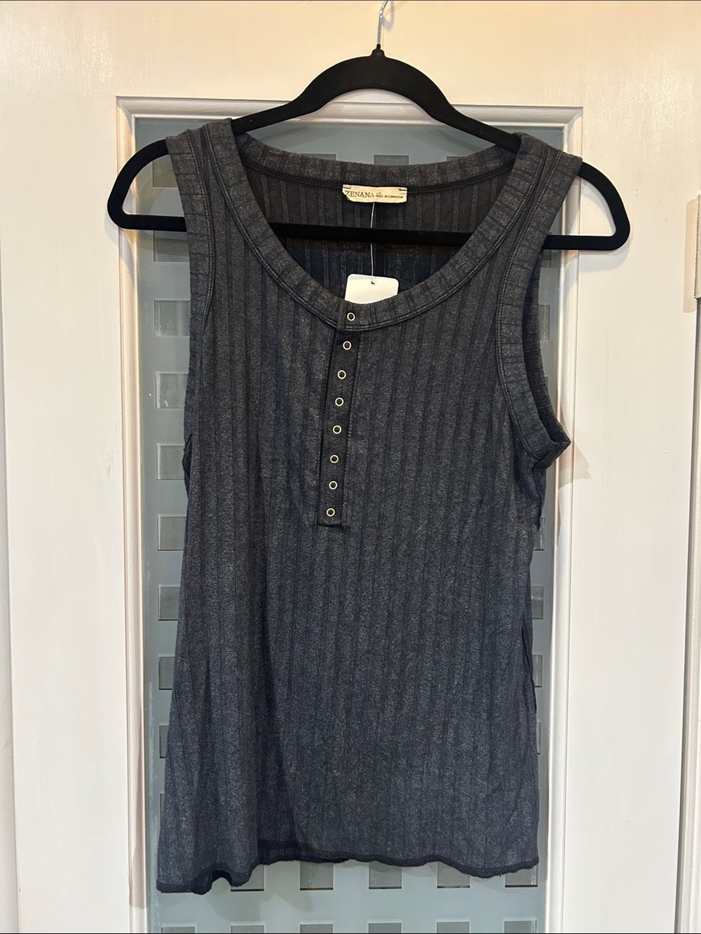 Zenana Outfitters Ribbed Henley Tank Top in Charcoal